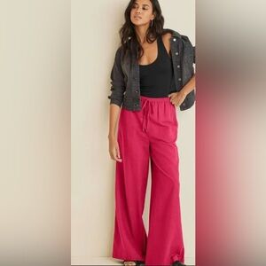 OLSEN SZ 14 100% Linen Vibrant Pink Wide-Leg Pants Drawstring High Rise Unlined